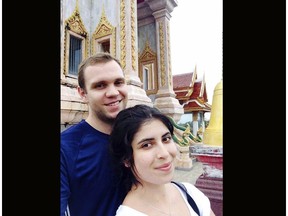 This undated family handout photo shows Matthew Hedges with his wife Daniela Tejada. The family of a British academic jailed in the United Arab Emirates on spying allegations says he's been sentenced to life in prison. Matthew Hedges, a 31-year-old PhD student in Middle Eastern Studies at Durham University, was arrested at Dubai Airport on May 5, 2018. Foreign Secretary Jeremy Hunt expressed shock at the verdict Wednesday Nov. 21, 2018 and has travelled to the UAE to make representations on his behalf.