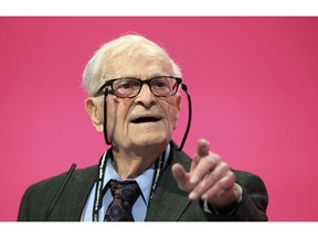 This Sept. 24, 2014 photo shows World War II veteran and political activist Harry Leslie Smith speaking during the Labour Party annual conference, in Manchester. His son John said on Twitter that Smith died Wednesday, Nov. 28, 2018 in Canada at 95 after being hospitalized following a recent fall.