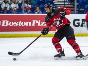 Canada forward Laura Stacey scores on an empty Finland net during third period of 2018 Four Nations Cup preliminary game in Saskatoon, Friday, Nov. 9, 2018. Canada defeated Finland 3-1.