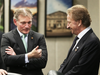 Cyril Leeder, left, and Eugene Melnyk chat after their bid was chosen as the preferred bid for the Lebreton Flats redevelopment in Ottawa, April 28, 2016.