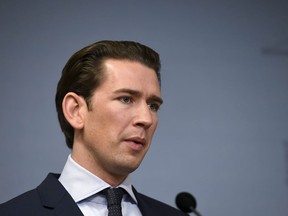 Austrian Chancellor Sebastian Kurz attends a press conferance  at the Prime Minister's official residence Kes'ranta in Helsinki, Finland, Wednesday, Nov. 7, 2018 on the occasion of the European People's Party EPP congress in Helsinki.