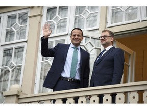 Finland's Prime Minister Juha Sipila, right, and Irish Prime Minister Leo Varadkar at the Prime Minister's official residence Kesaranta in Helsinki, Finland, Wednesday Nov. 7, 2018. Conservative leaders from across Europe are gathering to plot their strategy to win the next EU elections, and must decide whether Hungary's stridently nationalist ruling party should remain in their political family.