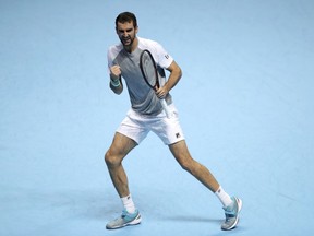 Croatia's Marin Cilic celebrates a point during the ATP Men's Singles Final against Alexander Zverev, at The O2 Arena in London, Monday Nov. 12, 2018. Cilic made 46 unforced errors as he gave up a break advantage in both sets in losing to Alexander Zverev on Monday.