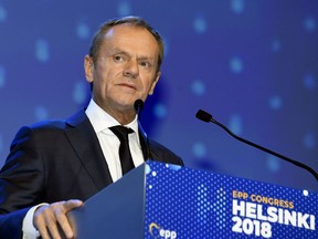 The President of the European Council Donald Tusk speaks at the European People's Party (EPP) congress in Helsinki, Finland, Thursday Nov. 8, 2018. The EPP, the group uniting Europe's center-right parties, has been wringing its hands over whether to keep Hungarian Prime Minister Viktor Orban and Fidesz in the fold or cut them loose before European Parliament elections in May.