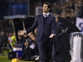 Real Madrid's coach Santiago Solari gestures during a Spanish La Liga soccer match between RC Celta and Real Madrid at the Balaidos stadium in Vigo, Spain, Sunday, November 11, 2018.