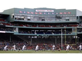 Yale's Devin Moore (87) winds up for the opening kick-off against Harvard during an NCAA college football game at Fenway Park in Boston, Saturday, Nov. 17, 2018.