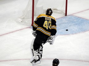 Boston Bruins goaltender Tuukka Rask (40) skates back to the net after a goal by Vancouver Canucks center Bo Horvat during the third period of an NHL hockey game Thursday, Nov. 8, 2018, in Boston. The Canucks won 8-5.