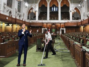 A photo illustration of a maintenance worker in the House of Commons  at Parliament Hill Ottawa Wed Sept 14, 2012, and Maxime Bernier.