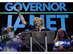 Maine gubernatorial candidate, Democrat Janet Mills celebrates her victory at her election night party, Tuesday, Nov. 6, 2018, in Portland, Maine.