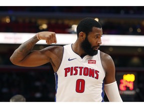 Detroit Pistons center Andre Drummond flexes after a play during the first half of an NBA basketball game against the Cleveland Cavaliers, Monday, Nov. 19, 2018, in Detroit.