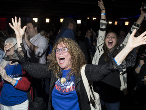 People at an election watch party in Washington, DC, react after Democrats gained control of the House of Representatives during the 2018 midterm election on Nov. 6, 2018.