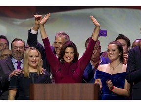 Gretchen Whitmer gives her acceptance speech after being elected the next governor of Michigan, in Detroit, Tuesday, Nov. 6, 2018. The Michigan Democratic Party held its election night event at the Sound Board Theater at MotorCity Casino.