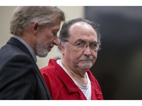 Wendell Popejoy, right, stands next to defense attorney Jeffrey Kortes during his sentencing at the Ottawa County Courthouse in Grand Haven, Mich., on Monday, Nov. 5, 2018. Popejoy was convicted of murder in the Dec. 26, 2017, killing of his neighbor, Sheila Bonge, in Crockery Township. Bonge was shot while she was snowblowing an easement that she, Popejoy and another neighbor used to get to their driveways.