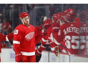 Detroit Red Wings' Anthony Mantha celebrates his goal against the Arizona Coyotes in the first period of an NHL hockey game, Tuesday, Nov. 13, 2018, in Detroit.