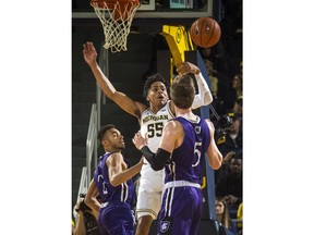 Michigan guard Eli Brooks (55) tries to intercept a pass from Holy Cross forward Connor Niego (5) to guard Kyle Copeland, left, during the first half of an NCAA college basketball game in Ann Arbor, Mich., Saturday, Nov. 10, 2018.