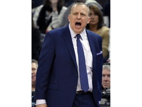 Minnesota Timberwolves head coach Tom Thibodeau reacts as his team takes on the Brooklyn Nets during the third quarter of an NBA basketball game on Monday, Nov. 12, 2018, in Minneapolis. The Timberwolves won 120-113.