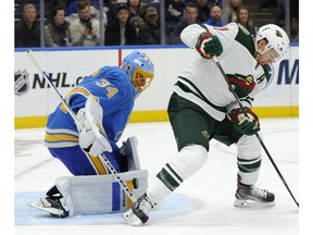 St. Louis Blues goalie Jake Allen (34) defends against Minnesota Wild's Zach Parise (11) during the first period of an NHL hockey game, Saturday, Nov. 3, 2018, in St. Louis.