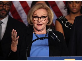 Sen. Claire McCaskill, D-Mo., delivers a concession speech Tuesday, Nov. 6, 2018, in St. Louis. McCaskill has conceded defeat to Republican challenger Josh Hawley in her bid for a third term.
