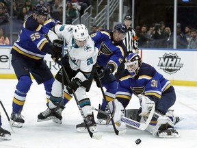 San Jose Sharks' Timo Meier (28), of Switzerland, is unable to score past St. Louis Blues goaltender Chad Johnson (31) as Blues' Colton Parayko (55) and Vince Dunn defend during the first period of an NHL hockey game Friday, Nov. 9, 2018, in St. Louis.