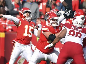 Kansas City Chiefs quarterback Patrick Mahomes (15) throws a pass during the first half of an NFL football game against the Arizona Cardinals in Kansas City, Mo., Sunday, Nov. 11, 2018.