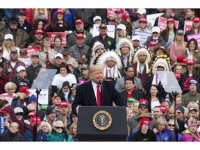 President Donald Trump speaks during a campaign rally at Bozeman Yellowstone International Airport, Saturday, Nov. 3, 2018, in Belgrade, Mont.