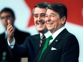 Prime minister Brian Mulroney introduces U.S. president Ronald Reagan during a ceremony at the Quebec City airport for what became known as the "Shamrock Summit" in March of 1985.