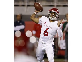 Fresno State Bulldogs quarterback Marcus McMaryion passes against the UNLV Rebels during the first half of an NCAA college football game Saturday, Nov. 3, 2018, in Las Vegas.