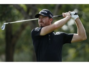 Sam Ryder hits off the eighth tee during the final round of the Shriners Hospitals for Children Open golf tournament Sunday, Nov. 4, 2018, in Las Vegas.