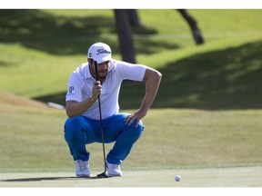 Peter Uihlein lines up his putt on the ninth green during the first round of the Shriners Hospitals for Children Open golf tournament at TPC at Summerlin in Las Vegas on Thursday, Nov. 1, 2018.