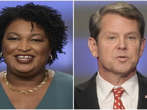 This combination of May 20, 2018, photos shows Georgia gubernatorial candidates Stacey Abrams, left, and Brian Kemp in Atlanta.  Democrats and Republicans nationwide will have to wait a bit longer to see if Georgia elects the first black woman governor in American history or doubles down on the Deep South's GOP tendencies with an acolyte of President Donald Trump