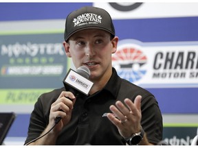 FILE - In this Sept. 28, 2018 file photo, Daniel Hemric speaks during a news conference after a NASCAR Cup Series auto race practice at Charlotte Motor Speedway in Concord, N.C.  Hemric is the only championship contender without a win in the last two years. That makes him the long shot in the Xfinity finale Saturday, Nov. 17.