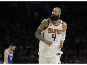 FILE - In this Dec. 4, 2017, file photo, Phoenix Suns' Tyson Chandler heads up the court during the team's NBA basketball game against the Philadelphia 76ers in Philadelphia. Chandler is going home. The Suns are buying out Chandler's contract, a move that will allow the 18-year veteran--once he clears waivers--to sign with the Los Angeles Lakers. A person with direct knowledge of the situation confirmed the buyout plan to The Associated Press on Saturday, Nov. 3, speaking on condition of anonymity because the Suns had not yet revealed it publicly.