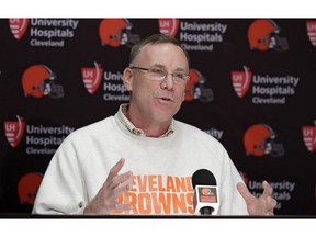 FILE - In this April 19, 2018, file photo, Cleveland Browns general manager John Dorsey answers questions about the draft during a news conference at the NFL football team's training camp facility in Berea, Ohio. Dorsey is heading the team's search for a new coach. Owners Dee and Jimmy Haslam recently fired coach Hue Jackson, who won just three of 40 games over two-plus seasons.