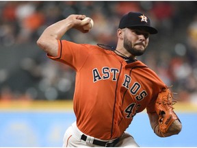 FILE - In this July 6, 2018, file photo, Houston Astros starting pitcher Lance McCullers Jr. delivers during the first inning of the team's baseball game against the Chicago White Sox in Houston. McCullers will miss all of next season following Tommy John surgery. Houston announced he had the ulnar collateral ligament in his right elbow repaired Tuesday, Nov. 6.