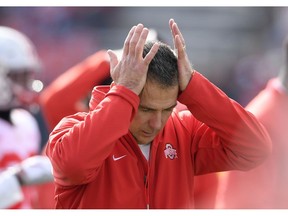The Ohio State coach is not demonstrably mirthful, of course, at least not when it comes to his job. But the 54-year-old Meyer's sideline demeanor has taken on a decidedly beleaguered stoop this season. The usual shouting and gesticulating, the ripping off his headset, those are often followed by a hand moving up to the left side of his head because of severe headaches.