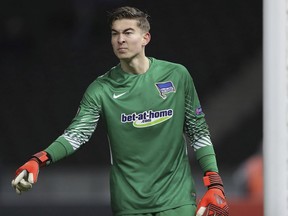 FILE - In this Dec. 7, 2017, file photo, Hertha goalkeeper Jonathan Klinsmann gestures during the Europa League Group J soccer match between Hertha BSC and Ostersunds FK in Berlin, Germany. Jonathan Klinsmann, the son of former American coach Jurgen Klinsmann, has been added to the U.S. roster for exhibition games against England and Italy and could make his national team debut.