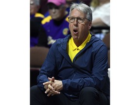 FILE - In this May 8, 2018, file photo, Los Angeles Sparks' Brian Agler looks on from the bench during a preseason WNBA basketball game, in Uncasville, Conn. Agler, who led the Los Angeles Sparks to the WNBA championship in 2016, has resigned as coach after four years. The team made the announcement early Friday, Nov. 30, 2018, without explanation.
