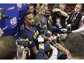 FILE - In this June 7, 2018, file photo, Cleveland Cavaliers guard JR Smith (5) speaks during an press conference following the basketball team's practice during the NBA Finals, in Cleveland. Disgruntled Cavaliers forward J.R. Smith has gotten his wish. The Cavs announced Tuesday, Nov. 20, 2018, that Smith "will no longer be with team as the organization works with JR and his representation regarding his future."