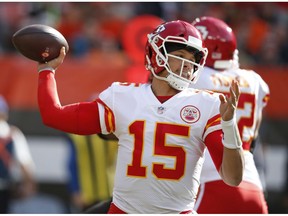 FILE - In this Sunday, Nov. 4, 2018 file photo, Kansas City Chiefs quarterback Patrick Mahomes throws during the first half of an NFL football game against the Cleveland Browns in Cleveland. What some are calling the NFL's Game of the Year already has made huge headlines by being moved out of Mexico City because of poor playing conditions. Chiefs-Rams is back in Los Angeles.