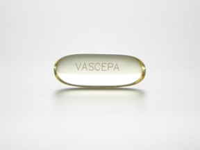 This undated photo provided by Amarin in November 2018 shows a capsule of the purified, prescription fish oil Vascepa. Although fish oil taken by healthy people, at a dose found in many supplements, showed no clear ability to lower heart or cancer risks, higher amounts of a purified, prescription fish oil, such as Vascepa, slashed heart problems and heart-related deaths among people with high triglycerides, a type of fat in the blood, and other risks for heart disease. (Amarin via AP)