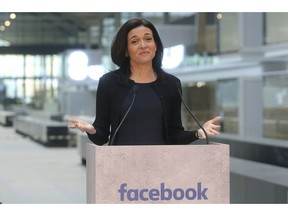FILE - In this Jan. 17, 2017, file photo, Chief Operating Officer of Facebook, Sheryl Sandberg, delivers a speech during the visit of a start-up companies gathering at Paris' Station F in Paris. For the past decade, Sheryl Sandberg has been the poised, reliable second-in-command to Facebook CEO Mark Zuckerberg, helping steer Facebook's rapid growth around the world, while also cultivating her brand in ways that hint at aspirations well beyond the social network.