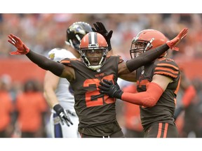 FILE - In this Oct. 7, 2018, file photo, Cleveland Browns defensive back E.J. Gaines (28) celebrates after breaking up a pass during the first half of an NFL football game against the Baltimore Ravens in Cleveland. The Browns lost two defensive starters after placing linebacker Christian Kirksey and cornerback E.J. Gaines on injured reserve. One of the team's captains, Kirksey hurt his hamstring in the second quarter of Sunday's loss to the Kansas City Chiefs. Gaines was also hurt, sustaining his second concussion in three weeks.