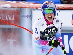 FILE- In this March 14, 2018, file photo, United States' Lindsey Vonn reacts in the finish area completing a women's downhill at the alpine ski World Cup finals in Are, Sweden. Vonn will begin her season and her quest to become the all-time winningest ski racer in a few weeks in Lake Louise, Alberta, where she's won so many times. She's trying to enjoy the moment and not think too much about breaking Ingemar Stenmark's hallowed mark of 86 World Cup wins.