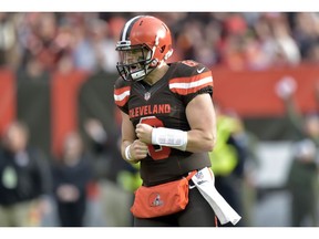 FILE - In this Sunday, Nov. 4, 2018, file photo, Cleveland Browns quarterback Baker Mayfield (6) reacts during an NFL football game against the Kansas City Chiefs in Cleveland. As Cleveland hit its bye week, and with six games left in a season going nowhere, optimism overflowed around a franchise that has had little to celebrate over the past 25 years.