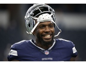 FILE - In this Nov. 23, 2017, file photo, Dallas Cowboys' Dez Bryant warms up before an NFL football game against the Los Angeles Chargers in Arlington, Texas. A person familiar with the situation says free-agent Dez Bryant and the New Orleans Saints have agreed on contract terms that will add the former Cowboys star to one of the NFL's top offenses. The person spoke to The Associated Press on condition of anonymity on Wednesday, Nov. 7, 2018, because the roster move has not been announced.