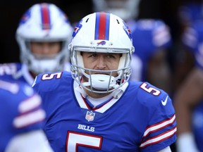 FILE -In this Sunday, Nov. 4, 2018, file photo, Buffalo Bills' Matt Barkley (5) warms up before an NFL football game against the Chicago Bears in Orchard Park, N.Y. Bills coach Sean McDermott is backing off his previous commitment of having Nathan Peterman start against the New York Jets if rookie Josh Allen isn't cleared to play. And that puts Matt Barkley in the mix to start Sunday.