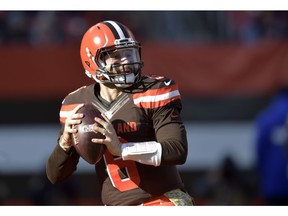 FILE - In this Sunday, Nov. 11, 2018, file photo, Cleveland Browns quarterback Baker Mayfield (6) looks to pass during a 28-16 win over the Atlanta Falcons in an NFL football game in Cleveland. Mayfield has teamed up with Barstool Sports to raise money for Special Olympics in Ohio. A clothing line featuring Mayfield's likeness is being sold with 100 percent of the proceeds going to the organization that helps people with intellectual disabilities.