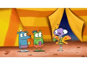 This image released by PBS shows characters, Leo the wombat, from left, Andy the frog and Carmen the butterfly in a scene from the animated series "Let's Go Luna," aimed at children age 4 to 7. It debuts Wednesday on PBS and on PBS Kids video streaming platforms. (LATW Productions Inc./PBs via AP)