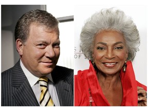 This combination photo shows actor William Shatner on the set of ABC's "Boston Legal" in Manhattan Beach, Calif., on Sept. 13, 2004, left, and actress Nichelle Nichols attending an all-star tribute concert for jazz icon Herbie Hancock in Los Angeles on Oct. 28, 2007. Fifty years ago, one year after the U.S. Supreme Court declared interracial marriage was legal, two of science fiction's most enduring characters, Captain James T. Kirk, played by Shatner and Lieutenant Nyota Uhura, played by Nichols, kissed each other on "Star Trek." (AP Photo)