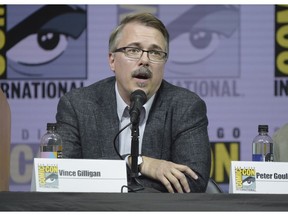 FILE - In this July 19, 2018 file photo, "Breaking Bad" creator Vince Gilligan speaks at the "Better Call Saul" panel at Comic-Con International in San Diego. "Breaking Bad" star Bryan Cranston has confirmed that a film based on the series is in development. The 2-hour spinoff is set to begin shooting in mid-November.